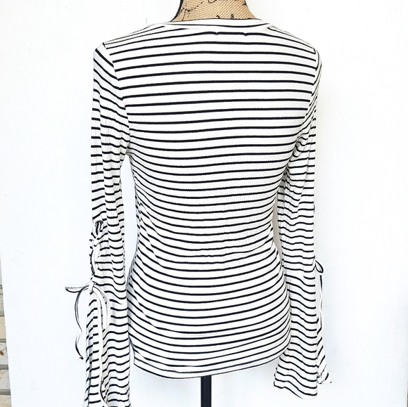 MISS CHIEVOUS black striped lace-up bell sleeve top - Picture 2 of 5